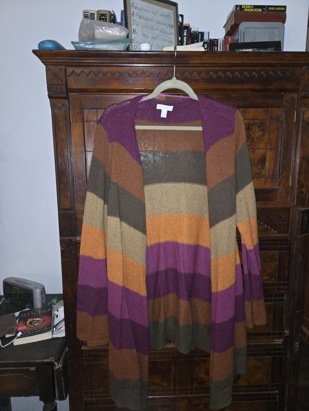 Charter Club Striped Open-Front Cardigan in Plum, Orange, Brown